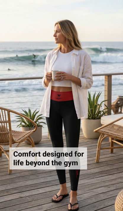 Athletic Chic Activewear for women | Black & Red Cherry high waist yoga Leggings with surf tattoos | Limited edition TheFamous Studio