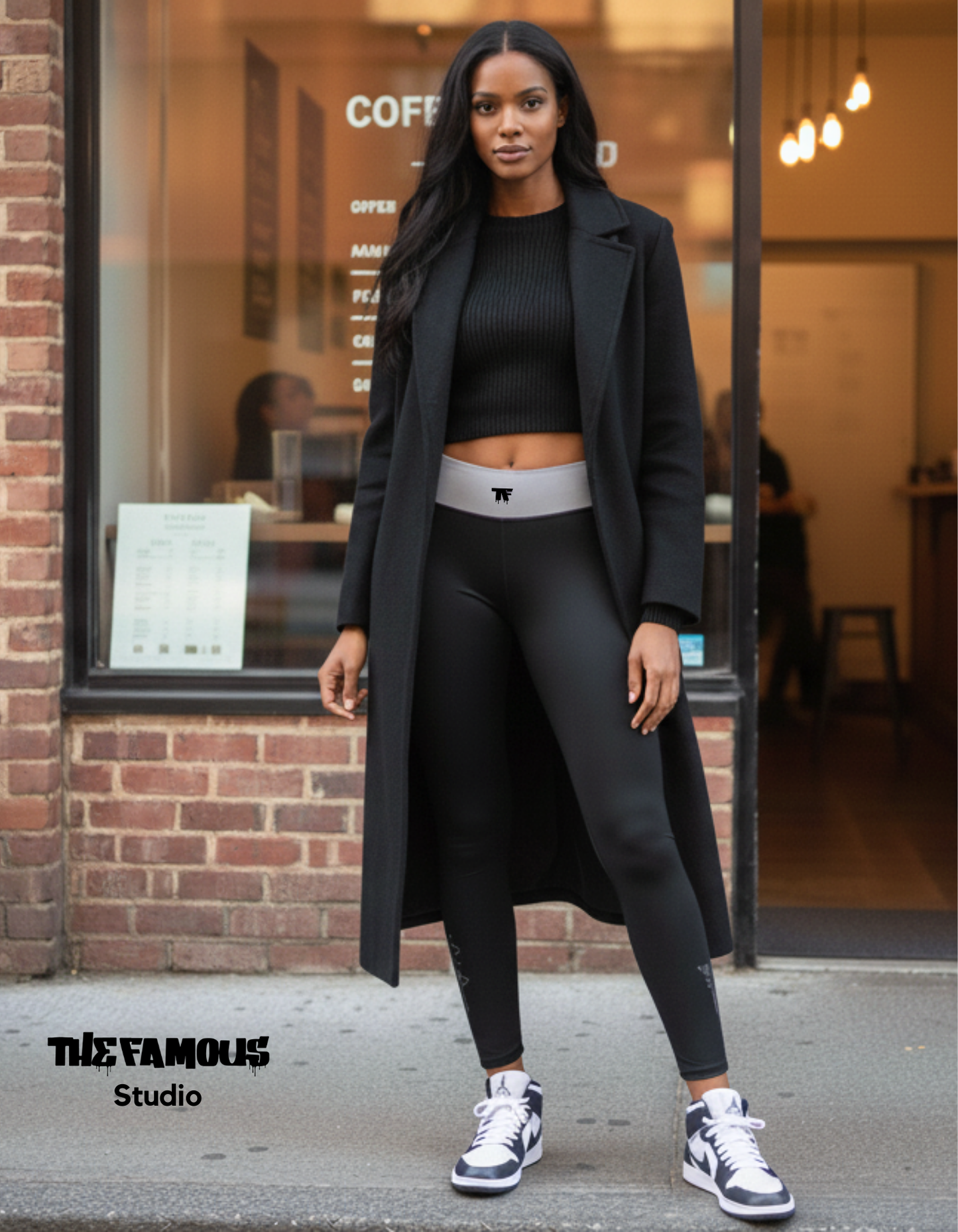Sporty Chic Black leggings with a grey  taupe waistband
