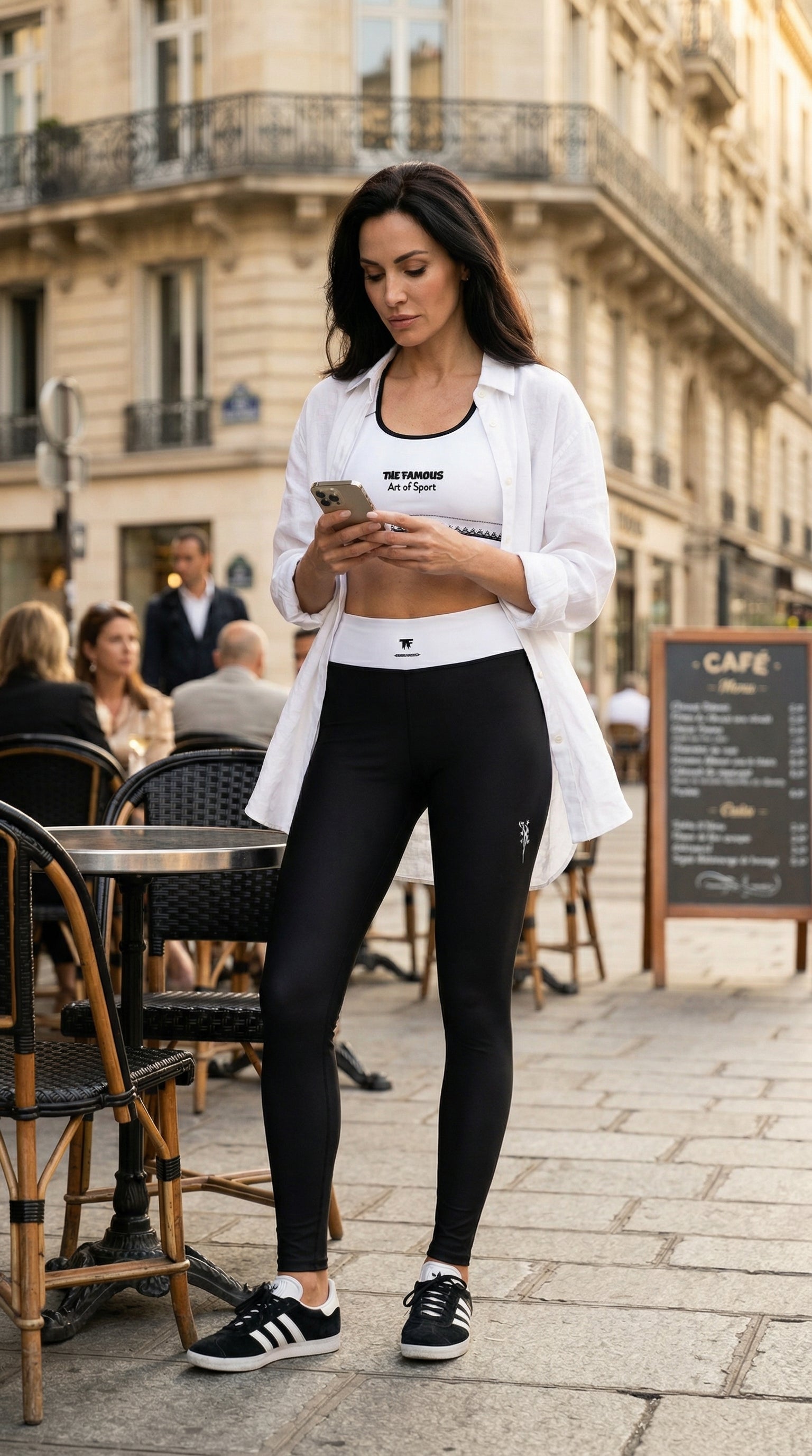 Activewear for women. White padded sport bra and black & white Leggings with TheFamous signature