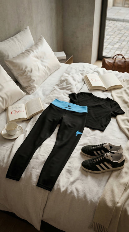 Sporty Chic Activewear for women | Leggings black & Turquoise with surfer tattoo | Limited edition by TheFamous Studio