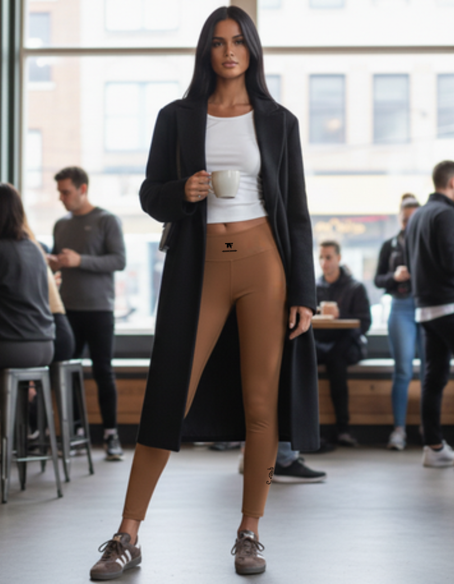 Quiet luxury activewear for woman - Camel leggings with unique black tattoos 