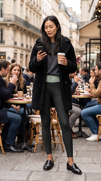 Woman walking in NYC with the leggings Dark Grey & Matcha | Activewear for women to wear beyond the gym 