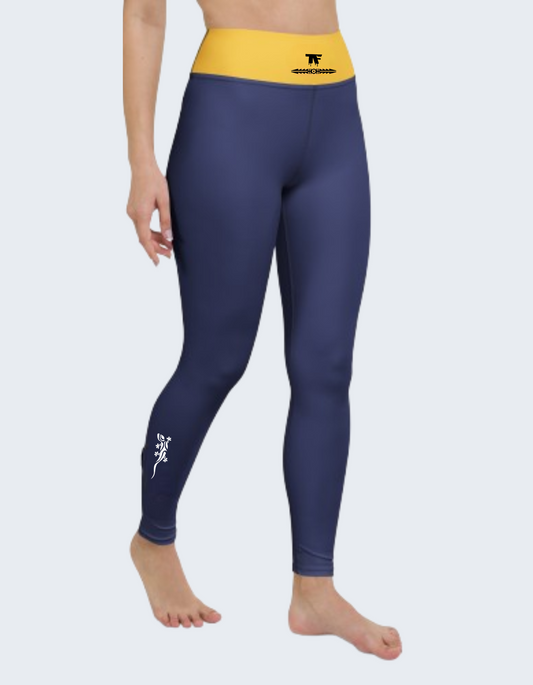 Activewear for women - Yoga Leggings Outfit blue indigo with a yellow waist and small tattoos | Limited edition TheFamous Studio
