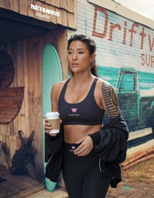 Activewear for women - Black Yoga Leggings Outfit with pink details - | Limited Edition TheFamous Studio