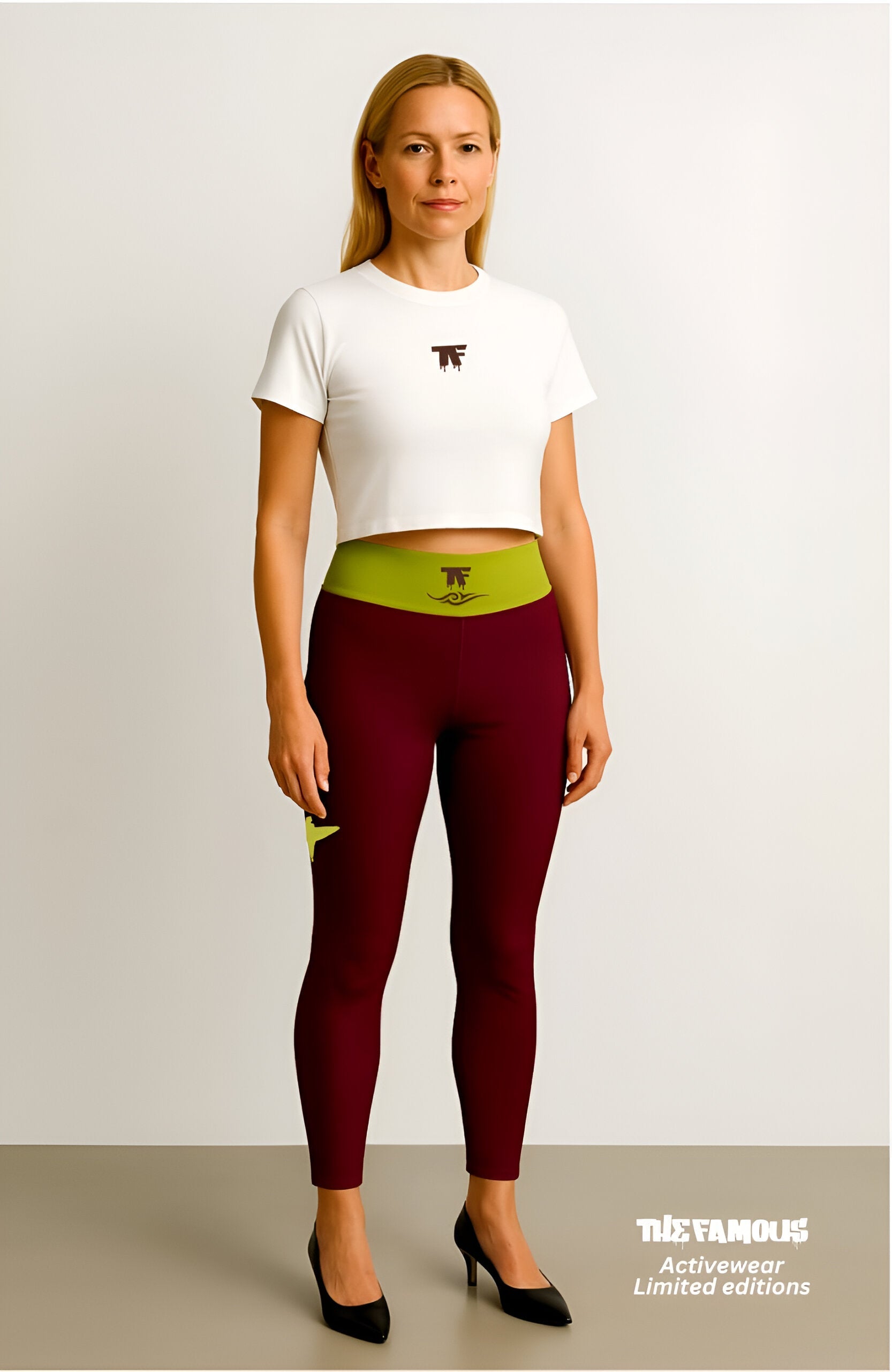 Activewear for women. Luxury Burgundy limited edition leggings with an anis waist and surfer tattoos.