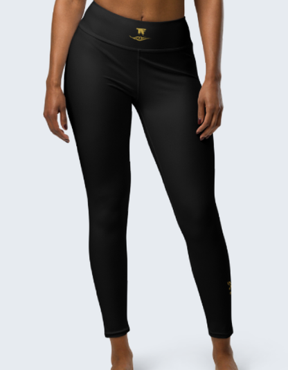 Activewear for women. Black High waisted yoga leggings with gold tattoo. Exclusive athleisure piece for women with a luxury feel and comfort fit.