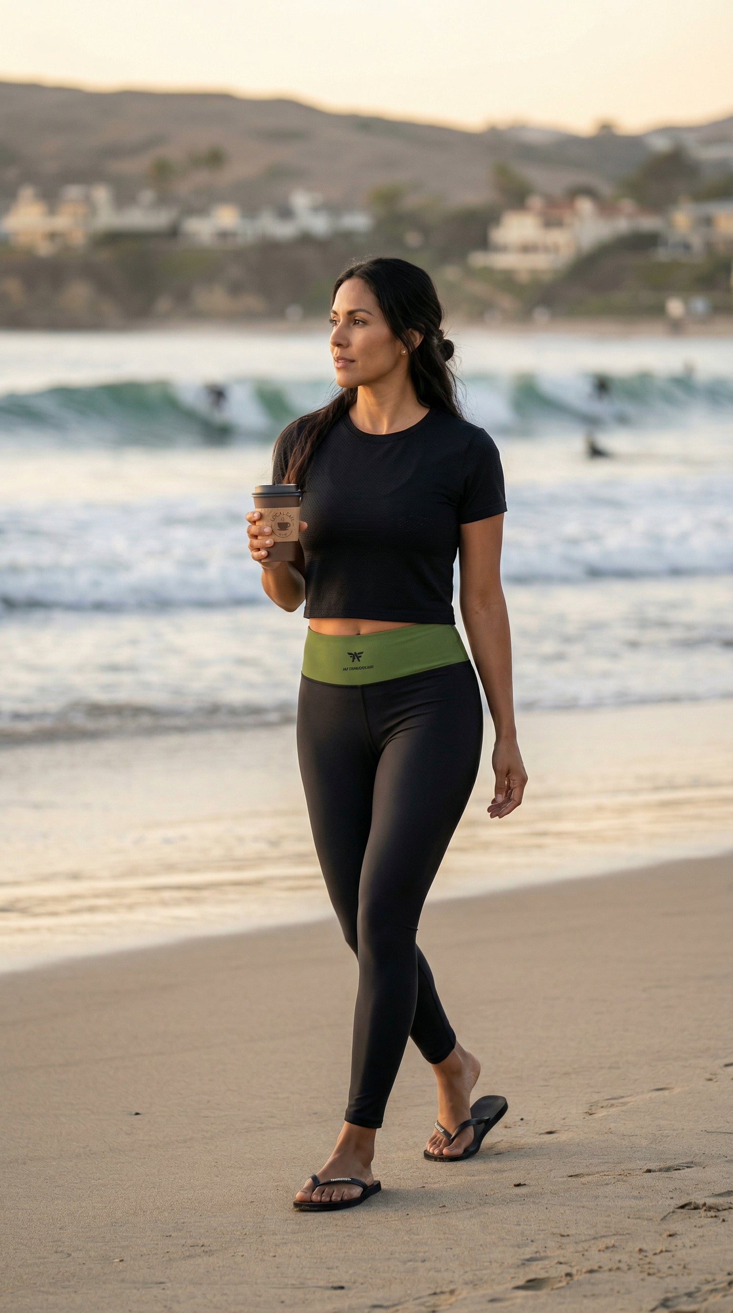 Athletic Chic Activewear for women | Black high waist yoga Leggings with a green dill waist and tattoos | Limited edition TheFamous Studio