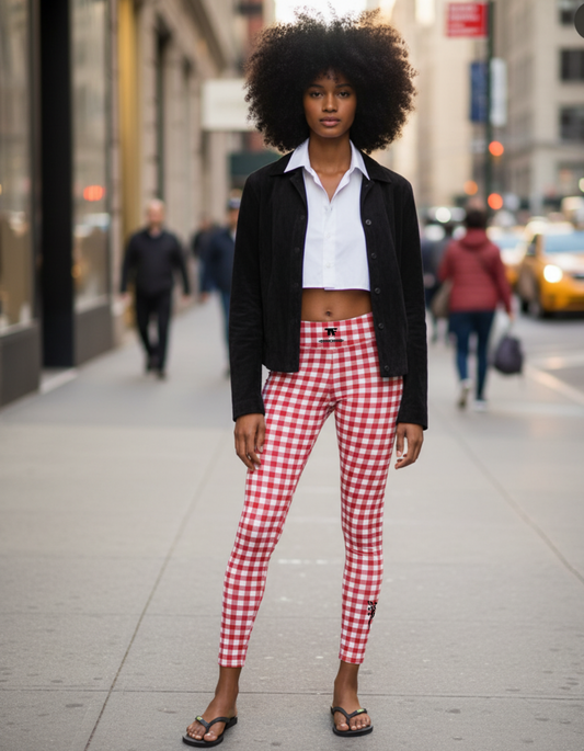 60s Gingham high waisted Leggings Red & White | Limited Edition TheFamous Studio