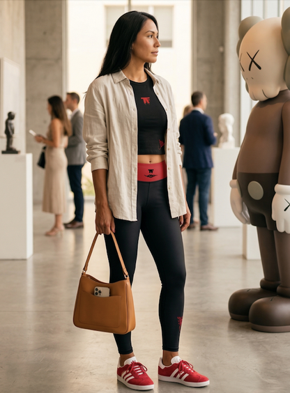 Activewear for women - black crop t-shirt with minimalist red logo and tattoos 