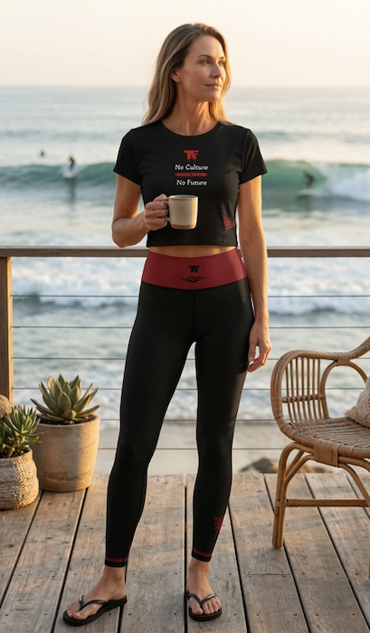 Chic Activewear for women  - crop tops black with red tags and a 'No Culture, No Future' slogan. Limited edition from TheFamous Studio