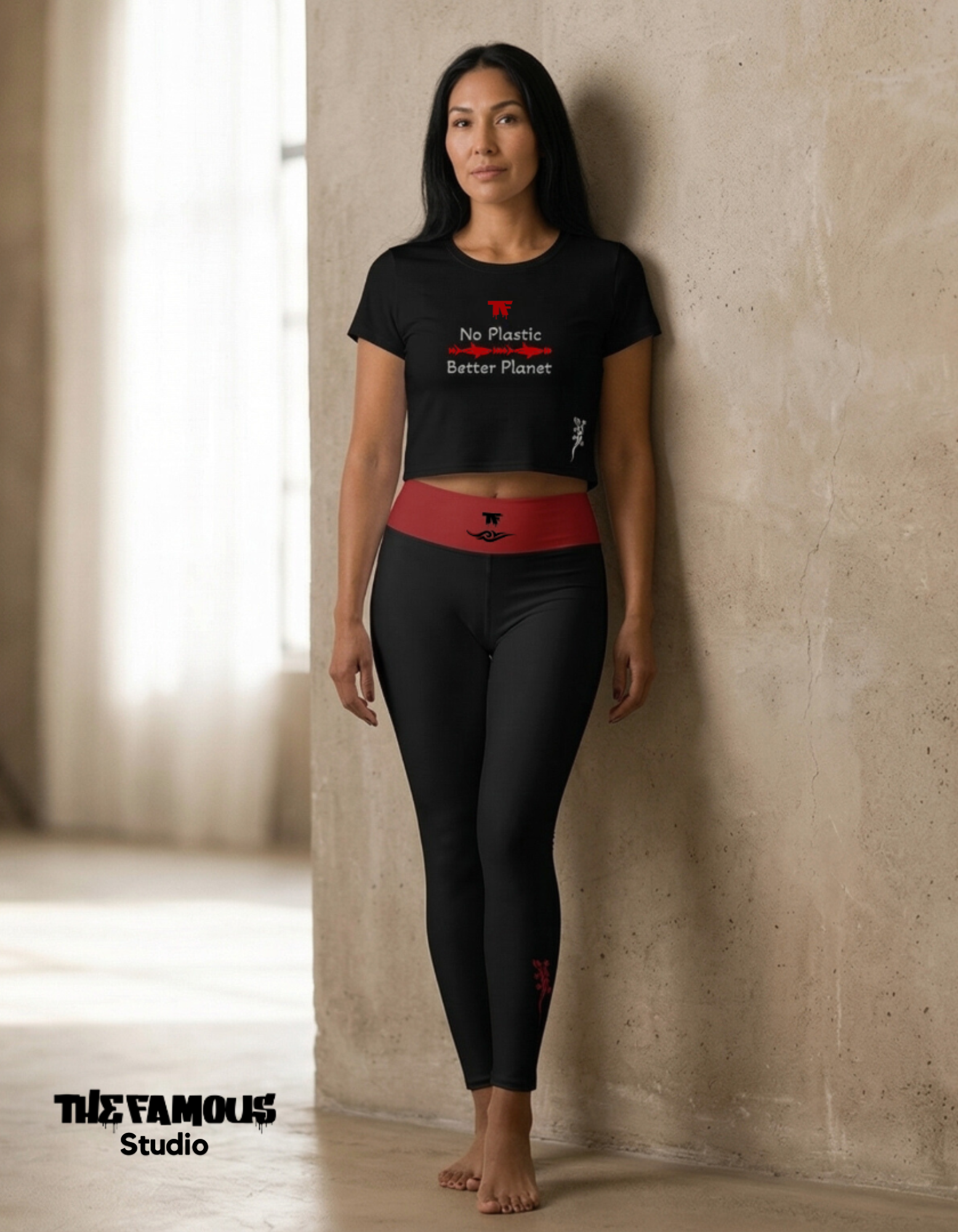 Activewear. Women crop tops black with red tattoos.  Slogan : No Plastic Better Planet 