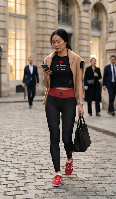 Chic Activewear for women  - crop tops black with red tags and a 'No Culture, No Future' slogan. Limited edition from TheFamous Studio