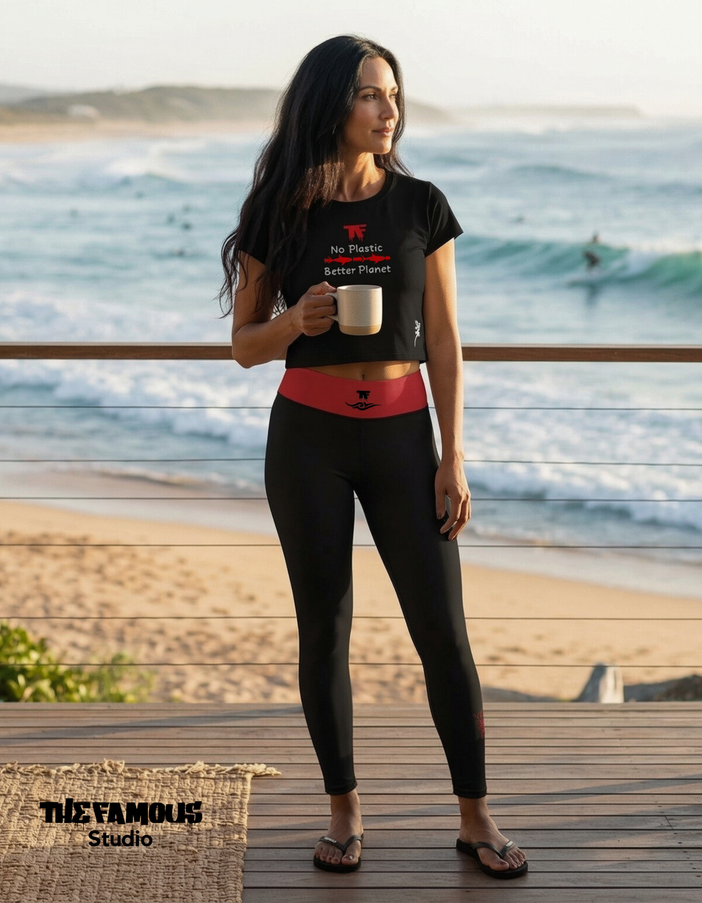Activewear. Women crop tops black with red tattoos.  Slogan : No Plastic Better Planet 