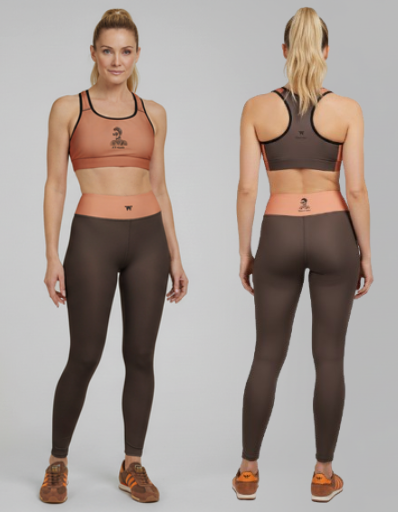 Padded Sport Bra - Brown Roast & Melon  Paired with High Waist Leggings 