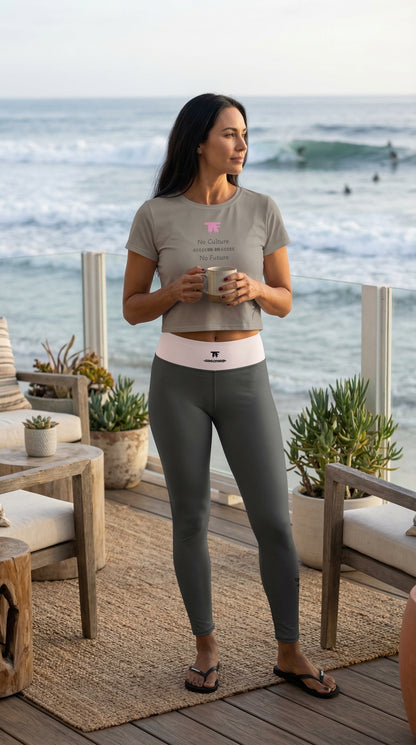 Activewear for women. Crop tops  Khaki with pink logo and a 'No Culture No Future' slogan 
