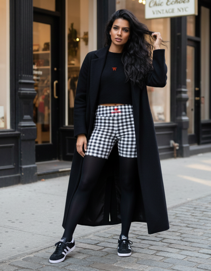 Activewear for women. High Waisted Shorts Gingham Black & White. A tribute to 60s in Limited Editions