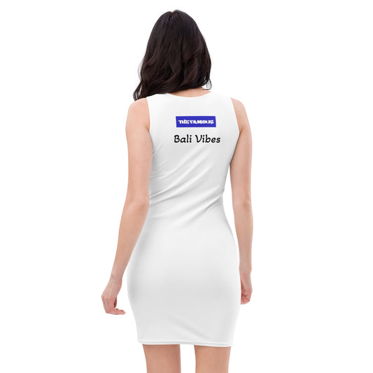 Activewear for women. white vintage streetwear dress with a surfer and her board on the beach as design