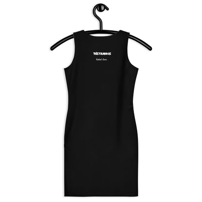 Activewear for women. Black streetwear dress with digital art design. 