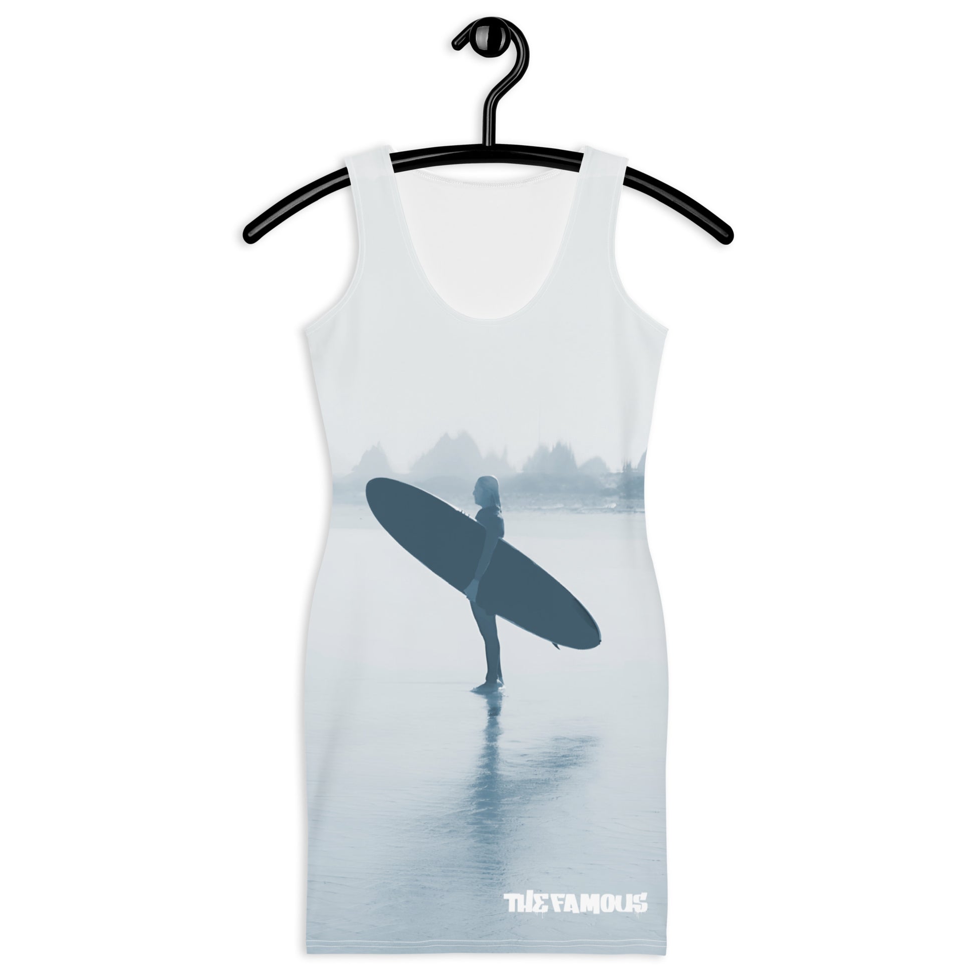 Activewear for women. white vintage streetwear dress with a surfer and her board on the beach as design
