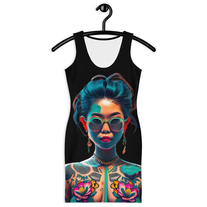 Activewear for women. Black streetwear dress with digital art design. 