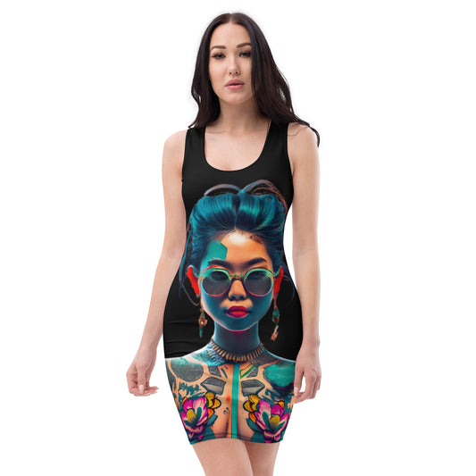 Activewear for women. Black streetwear dress with digital art design. 