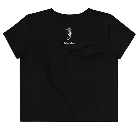 Activewear. Women crop tops black with red tattoos.  Slogan : No Plastic Better Planet 