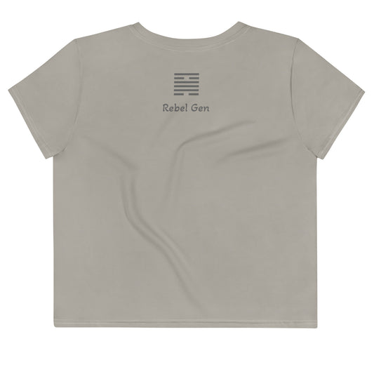 Activewear for women. Crop tops  Khaki with pink logo and a 'No Culture No Future' slogan 