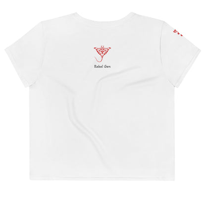 Activewear for women - Crop t-shirt White with Red Logo & Tags 