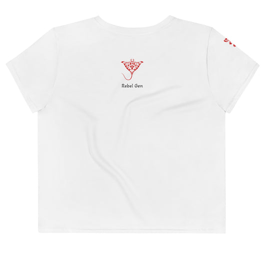 Activewear for women - Crop t-shirt White with Red Logo & Tags 