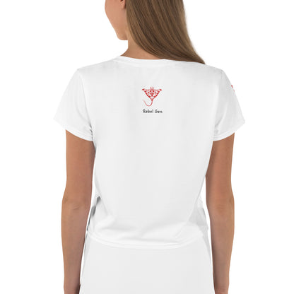 Activewear for women - Crop t-shirt White with Red Logo & Tags 