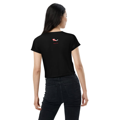 Activewear for women - black crop t-shirt with minimalist red logo and tattoos 