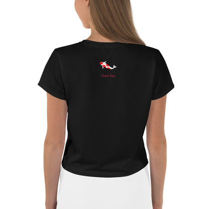 Activewear for women - black crop t-shirt with minimalist red logo and tattoos 