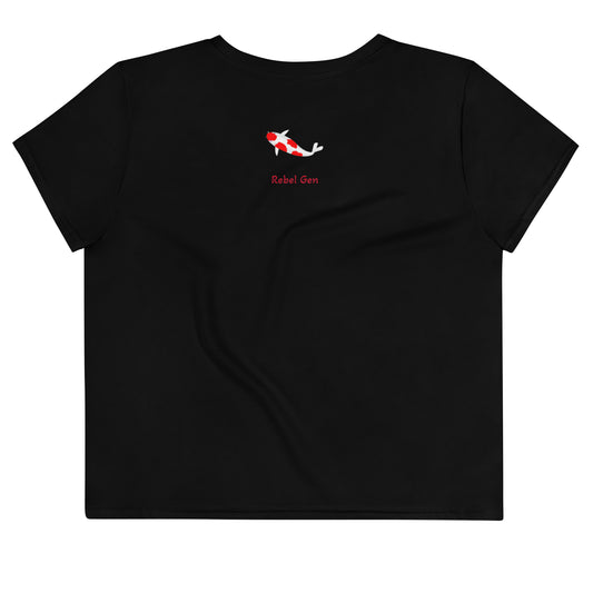 Activewear for women - black crop t-shirt with minimalist red logo and tattoos 