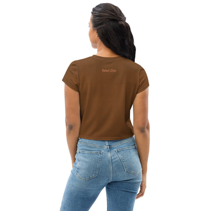 Activewear for women | Crop T-shirt Brown with Melon tags and a Box logo in the front | TheFamous Studio Limited Edition 