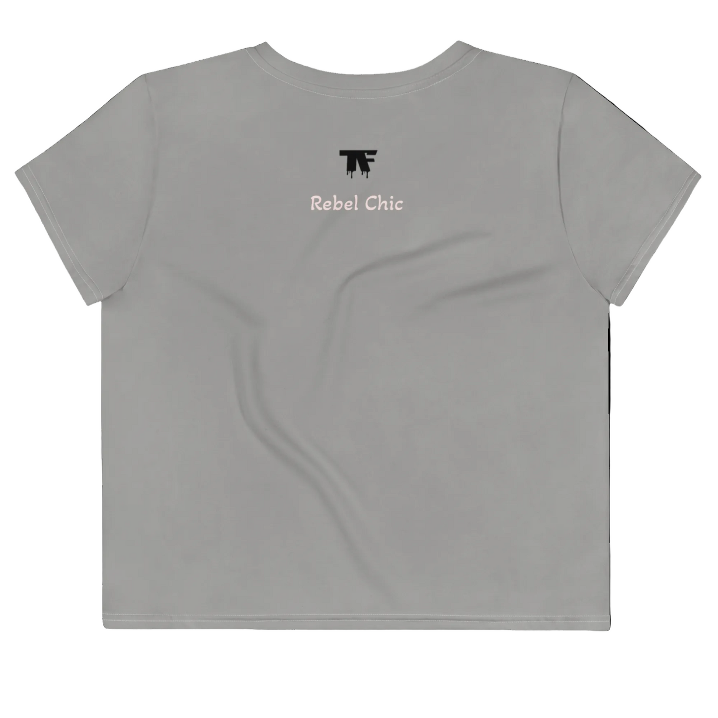 Grey crop t-shirt with 'Rebel Chic' text and logo on a white background