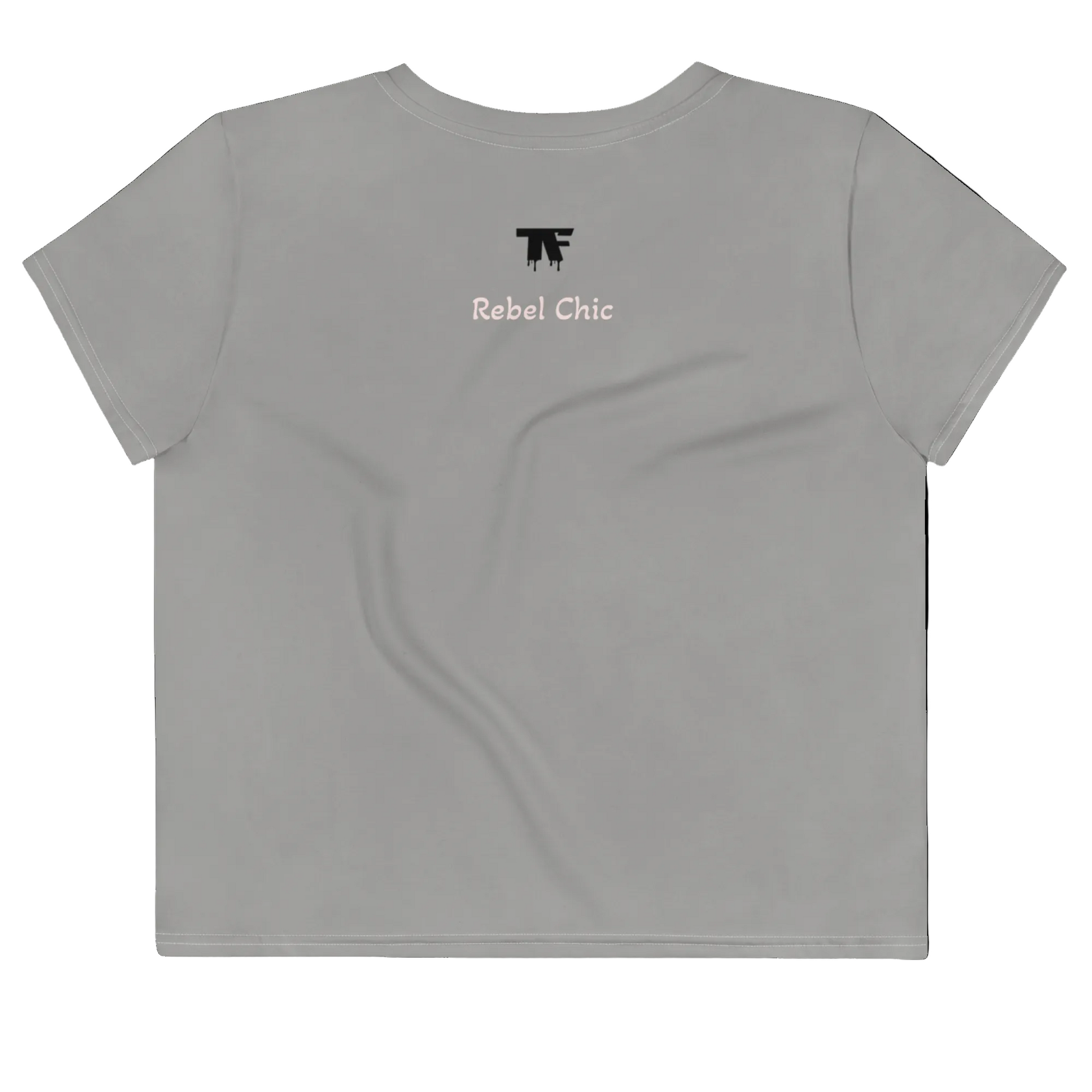 Grey crop t-shirt with 'Rebel Chic' text and logo on a white background
