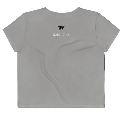 Grey crop t-shirt with 'Rebel Chic' text and logo on a white background