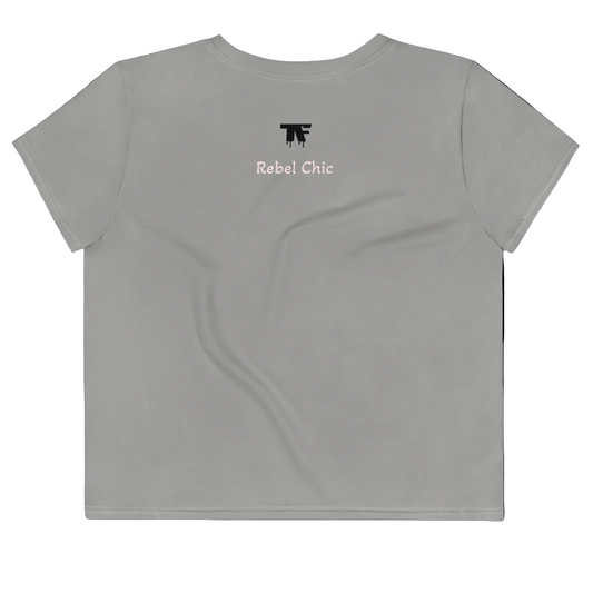 Grey crop t-shirt with 'Rebel Chic' text and logo on a white background