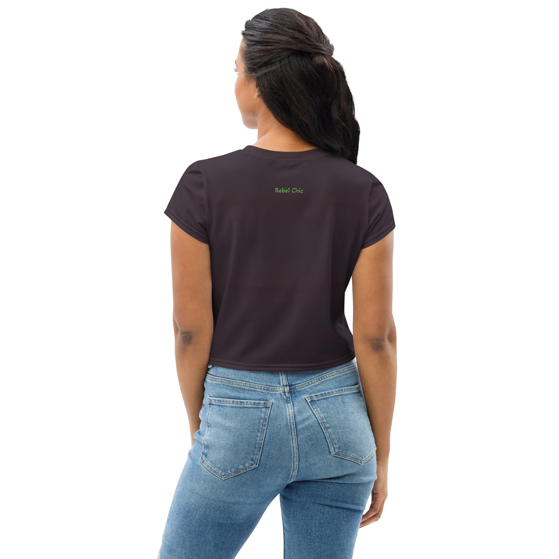 Activewear for women | Crop Tee Burgundy with Pistachio logo & Rebel Chic Back Mantra 