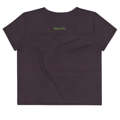 Activewear for women | Crop Tee Burgundy with Pistachio logo & Rebel Chic Back Mantra 
