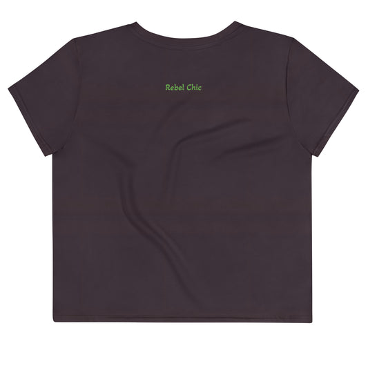 Activewear for women | Crop Tee Burgundy with Pistachio logo & Rebel Chic Back Mantra 