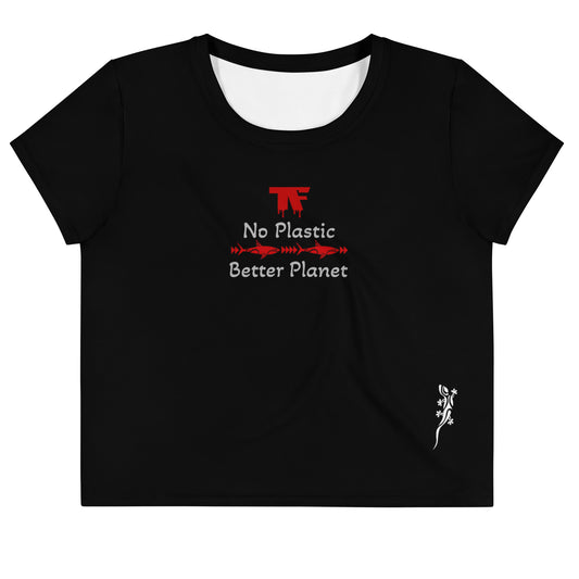 Activewear. Women crop tops black with red tattoos.  Slogan : No Plastic Better Planet 