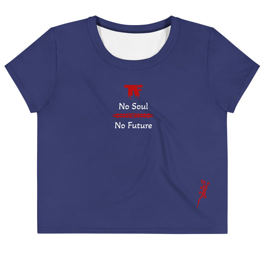 Activewear women crop tops blue indigo with red tags and a 'No Soul No Future' slogan. TheFamous Activewear studio limited edition