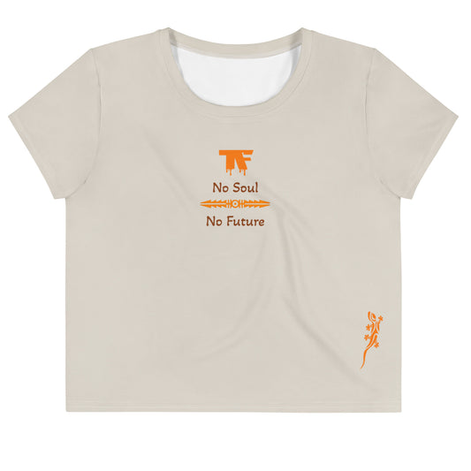 Activewear. women crop tops beige with orange tags and a 'No Soul, No Future' slogan. Limited edition crop tee.
