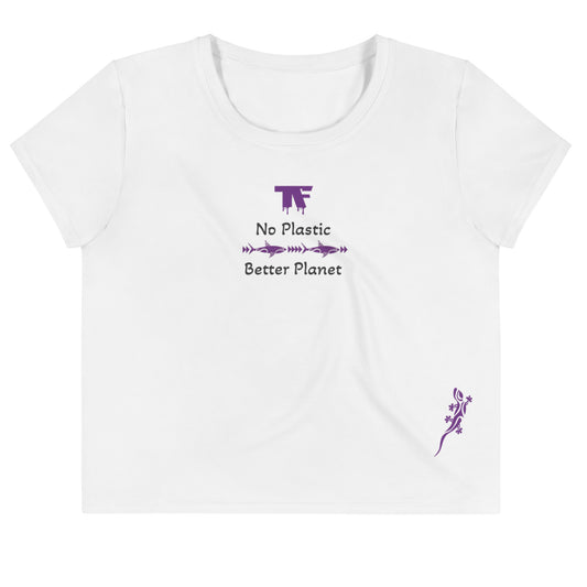Activewear women crop tops white with purple tags and a 'No Plastic, Better Planet' slogan . Powered by TheFamous activewear studio in limited editions