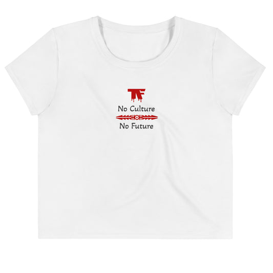 Activewear women crop tops white with red tags and a 'No Culture No Future' slogan. Powered by TheFamous Activewear Studio in Limited editions