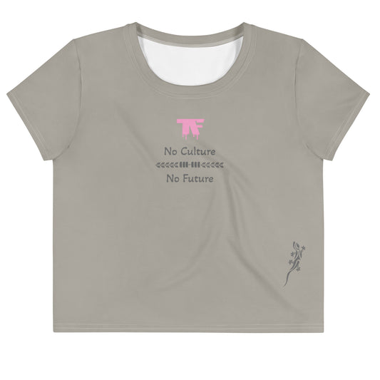 Activewear for women. Crop tops  Khaki with pink logo and a 'No Culture No Future' slogan 