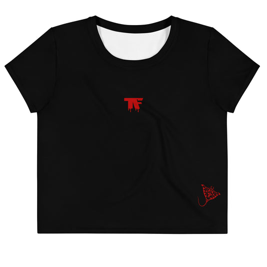 Activewear for women - black crop t-shirt with minimalist red logo and tattoos 