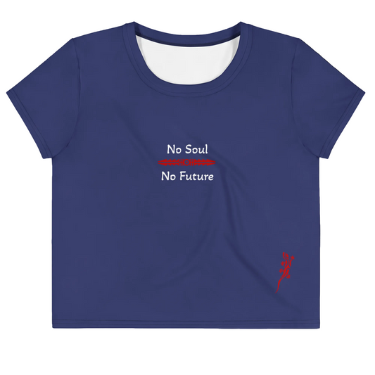 Crop tee for women | Indigo and white & White Tags 'No Soul No Future' 