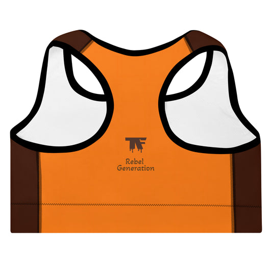 Activewear for women. Surf inspired padded sport bra brown and orange. Activewear 2025 trend 